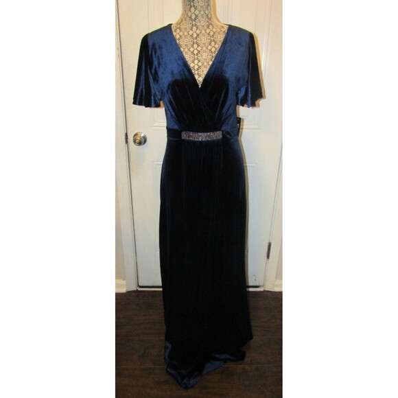 S.L. Fashions NWT Long Flutter Sleeve V Neck Dress Beaded Waist Womens Size 8 - Picture 4 of 10